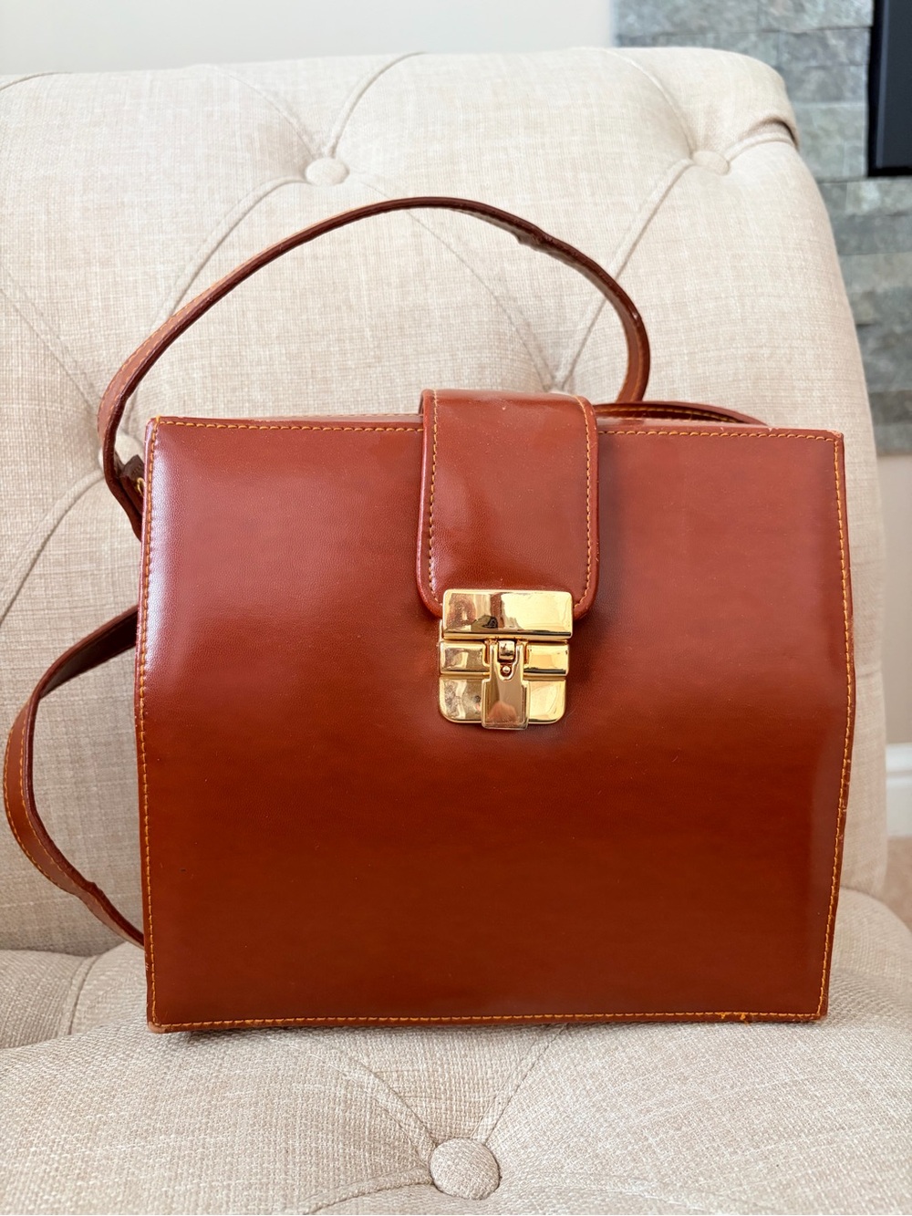 Structured Brown Satchel with Gold-Tone Lock
